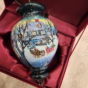 Ne Qwa Art Glass Christmas Ornament D Morgan Reverse Painted Winter Scene Town
